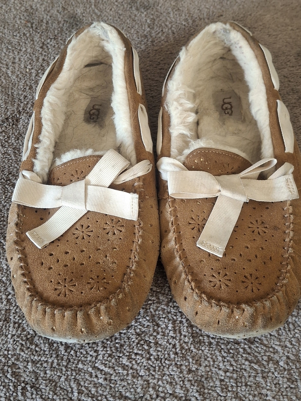 UGG WomensChestnut Suede Moccasin Slippers with Bow